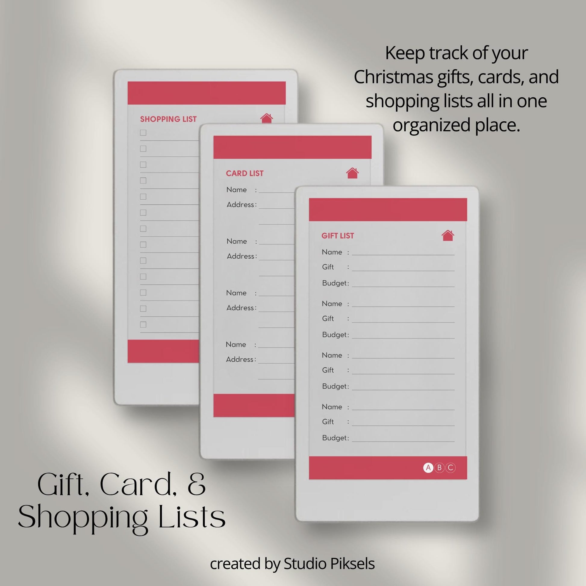 Christmas planner for reMarkable Paper Pro Move used to organize holiday plans, gifts, budgets, meals, and festive schedules.