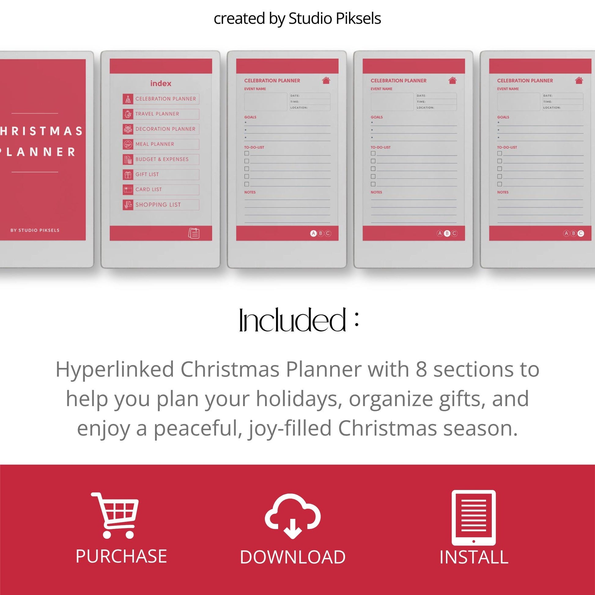 Christmas planner for reMarkable Paper Pro Move used to organize holiday plans, gifts, budgets, meals, and festive schedules.