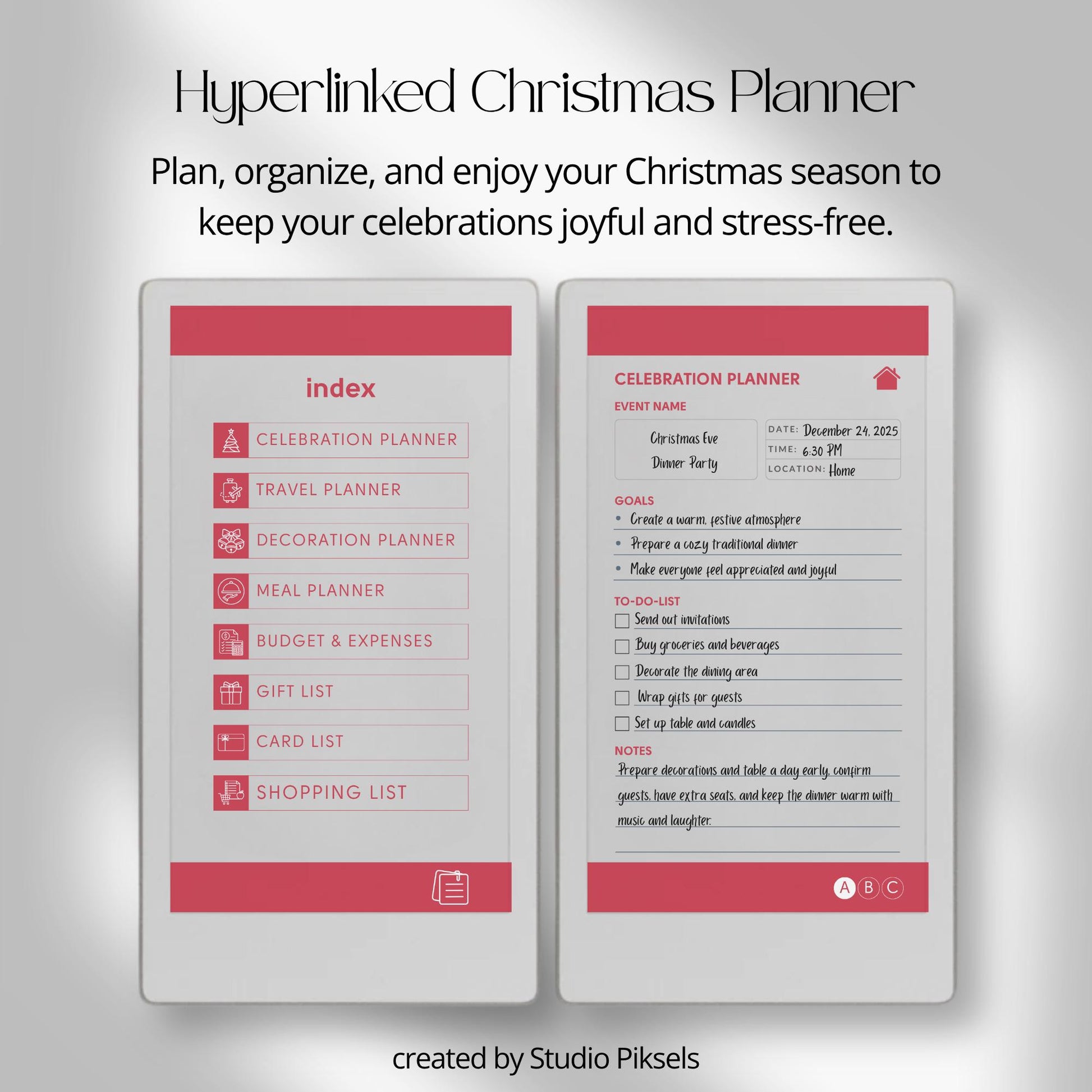 Christmas planner for reMarkable Paper Pro Move used to organize holiday plans, gifts, budgets, meals, and festive schedules.