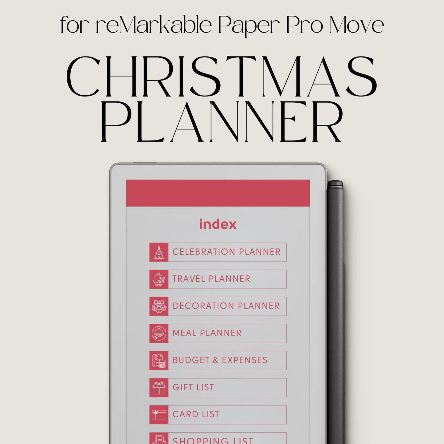 Christmas planner for reMarkable Paper Pro Move used to organize holiday plans, gifts, budgets, meals, and festive schedules.