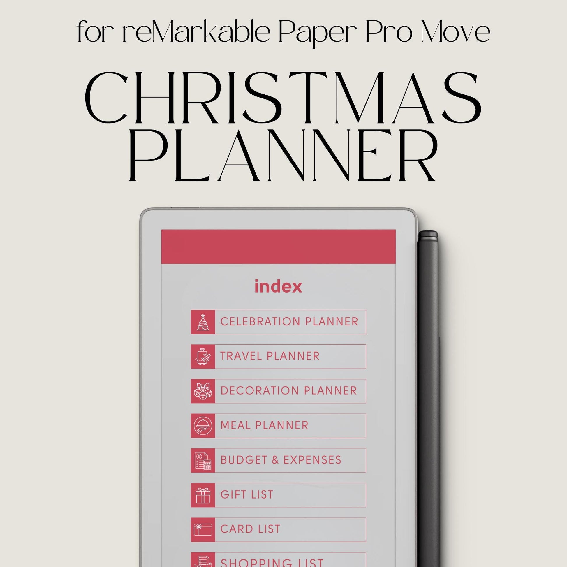 Christmas planner for reMarkable Paper Pro Move used to organize holiday plans, gifts, budgets, meals, and festive schedules.