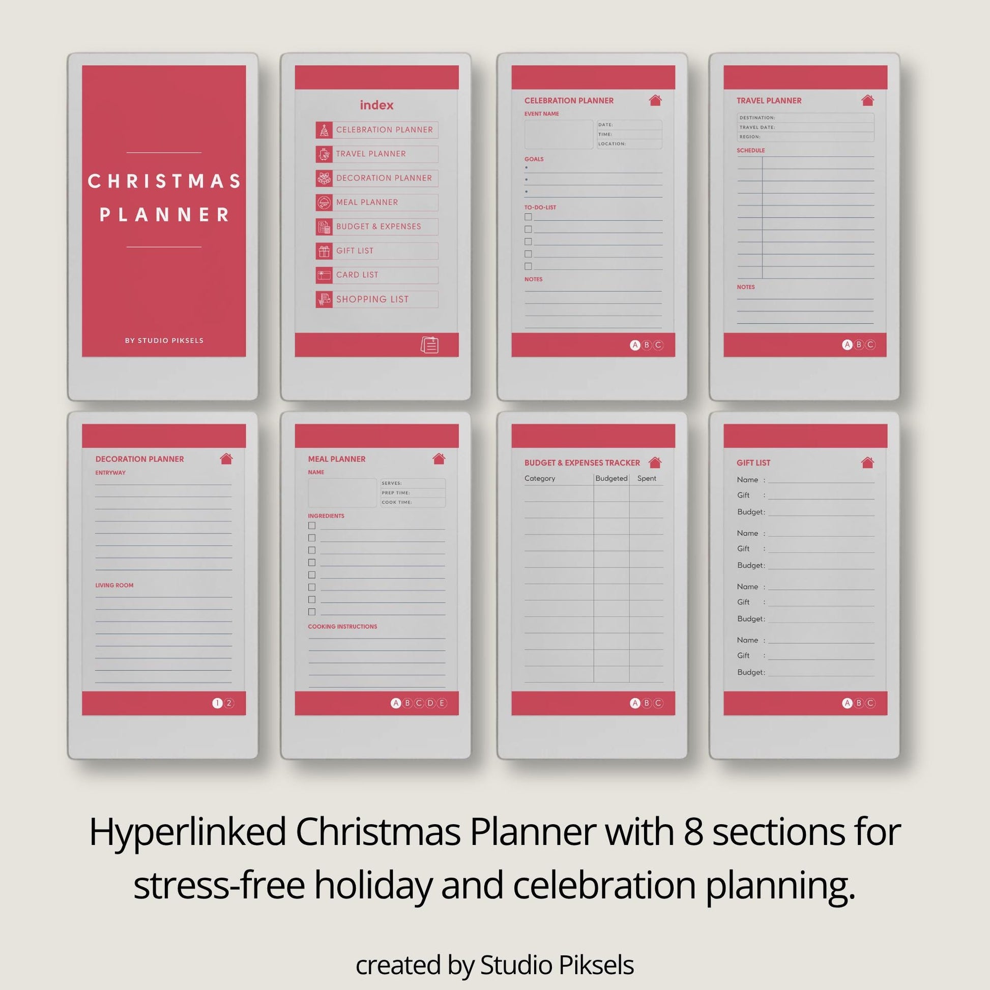 Christmas planner for reMarkable Paper Pro Move used to organize holiday plans, gifts, budgets, meals, and festive schedules.