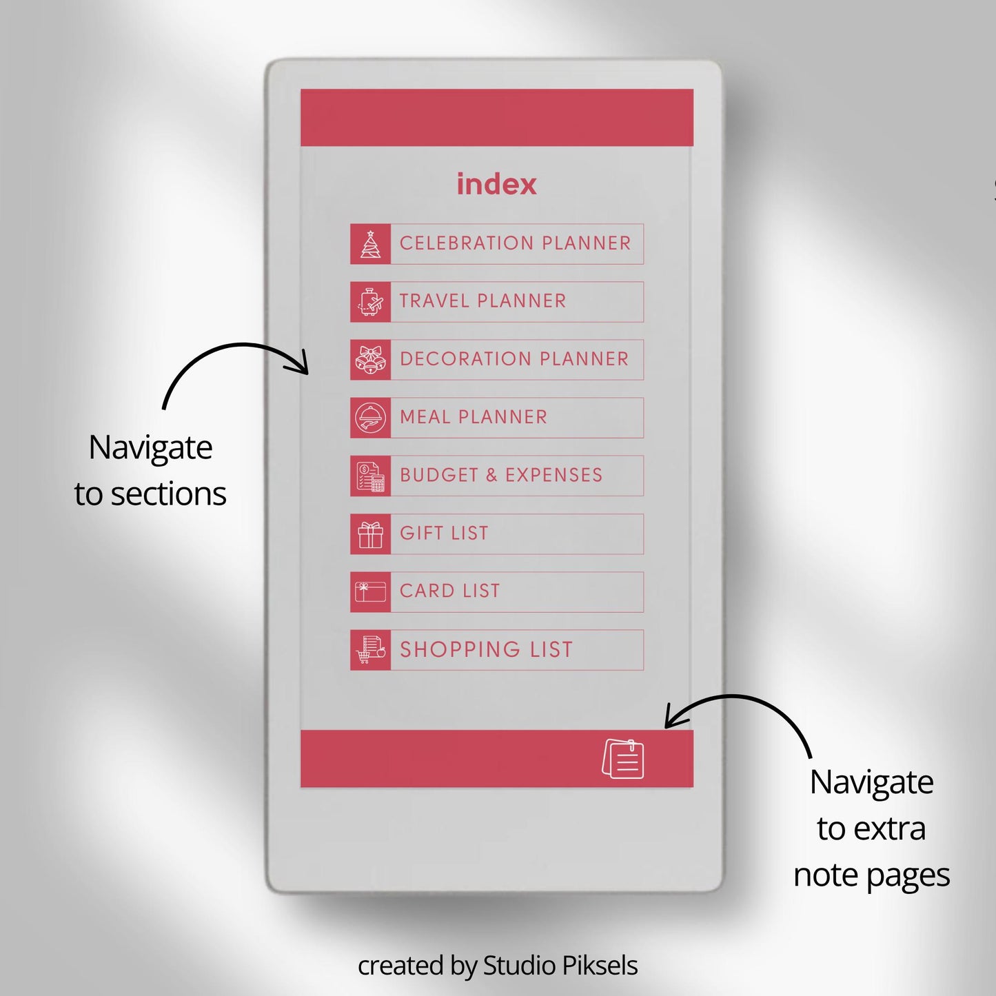 Christmas planner for reMarkable Paper Pro Move used to organize holiday plans, gifts, budgets, meals, and festive schedules.