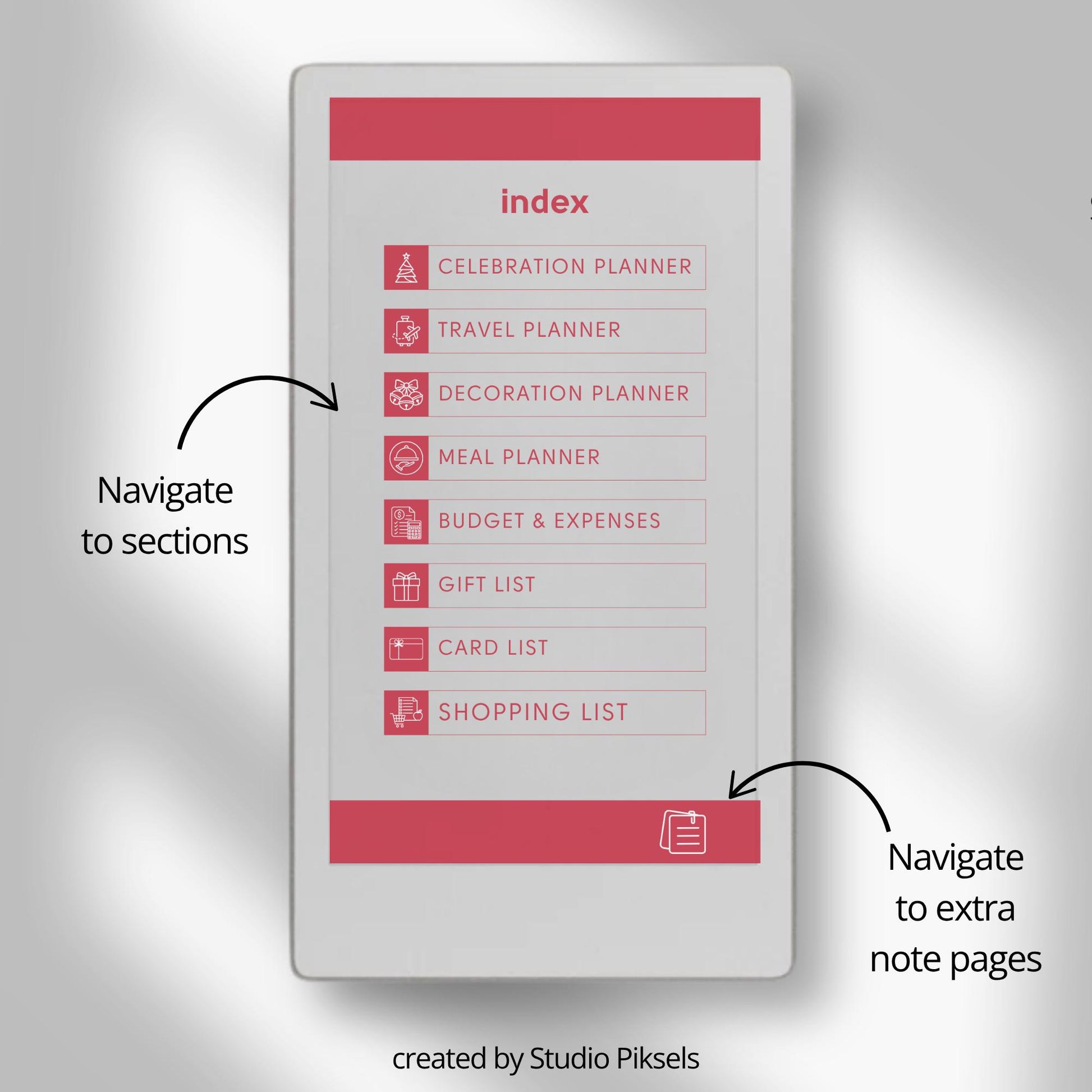 Christmas planner for reMarkable Paper Pro Move used to organize holiday plans, gifts, budgets, meals, and festive schedules.