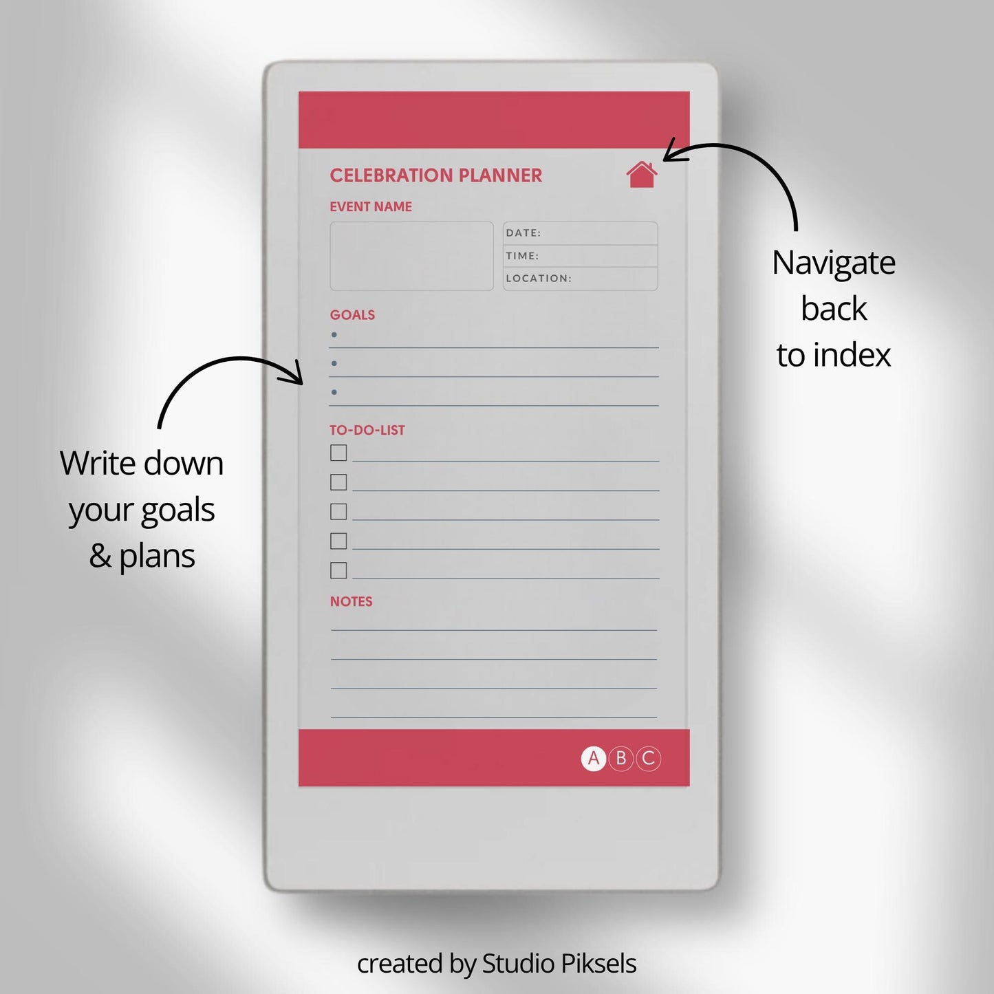 Christmas planner for reMarkable Paper Pro Move used to organize holiday plans, gifts, budgets, meals, and festive schedules.