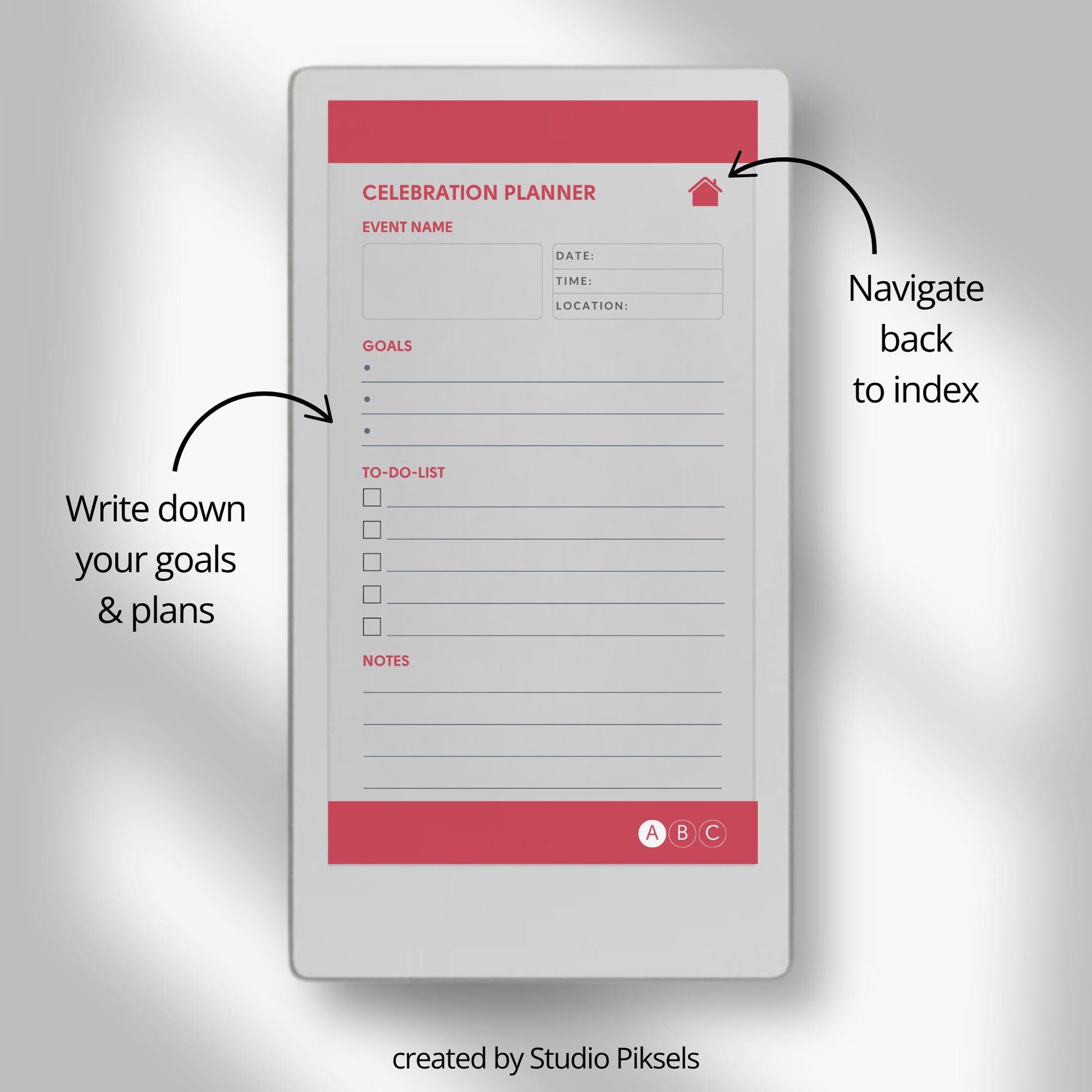 Christmas planner for reMarkable Paper Pro Move used to organize holiday plans, gifts, budgets, meals, and festive schedules.