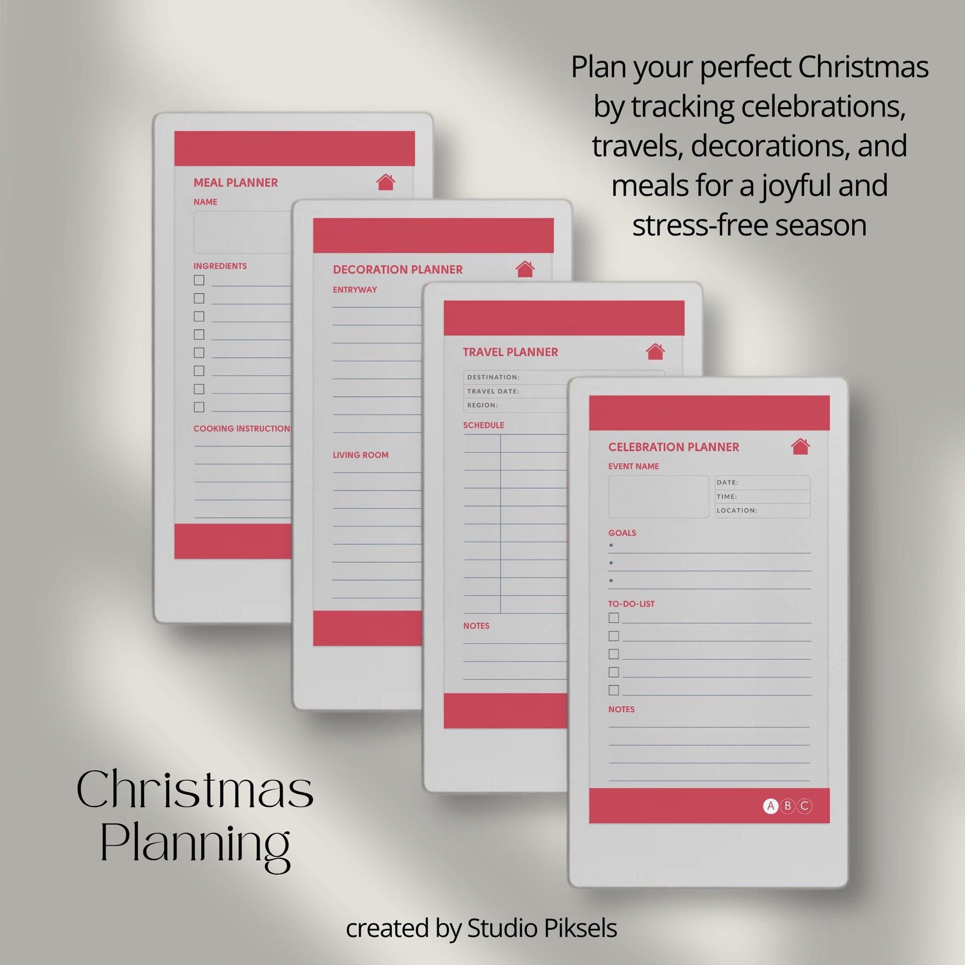 Christmas planner for reMarkable Paper Pro Move used to organize holiday plans, gifts, budgets, meals, and festive schedules.