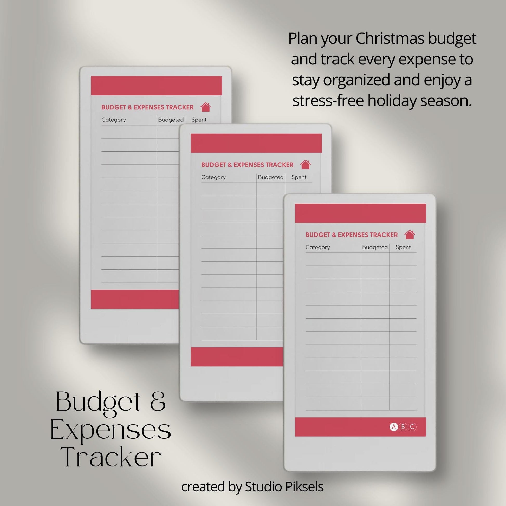 Christmas planner for reMarkable Paper Pro Move used to organize holiday plans, gifts, budgets, meals, and festive schedules.