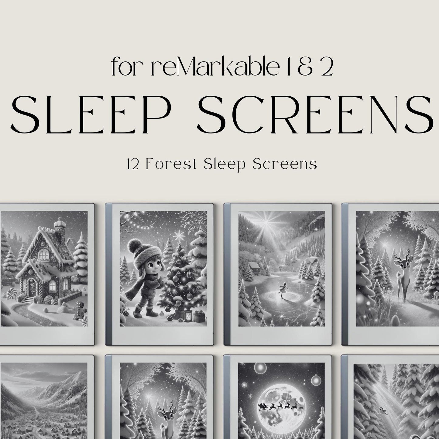 Christmas Winter Sleep Screen Bundle for reMarkable 1, reMarkable 2, and Paper Pure featuring festive holiday scenes, snowy landscapes, cozy cabins, and grayscale sleep screen artwork optimized for E Ink displays.