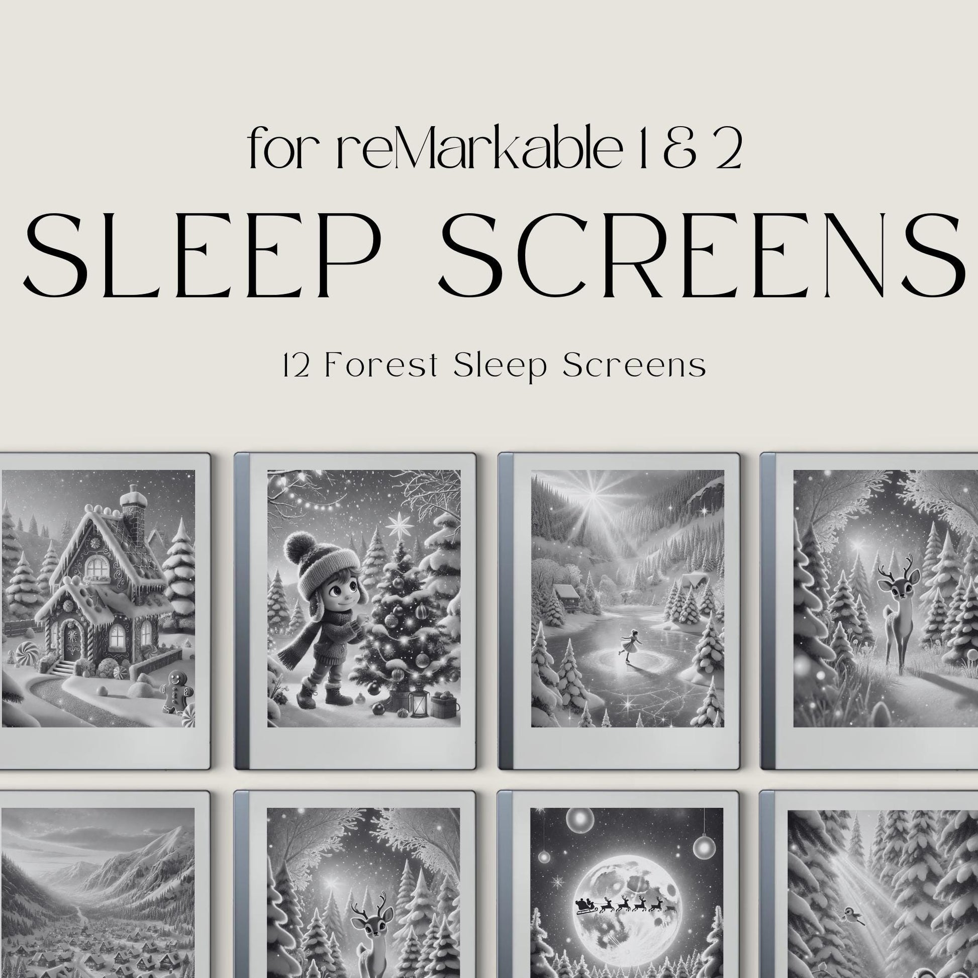 Christmas Winter Sleep Screen Bundle for reMarkable 1, reMarkable 2, and Paper Pure featuring festive holiday scenes, snowy landscapes, cozy cabins, and grayscale sleep screen artwork optimized for E Ink displays.