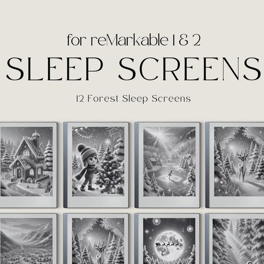 Christmas Winter Sleep Screen Bundle for reMarkable 1, reMarkable 2, and Paper Pure featuring festive holiday scenes, snowy landscapes, cozy cabins, and grayscale sleep screen artwork optimized for E Ink displays.