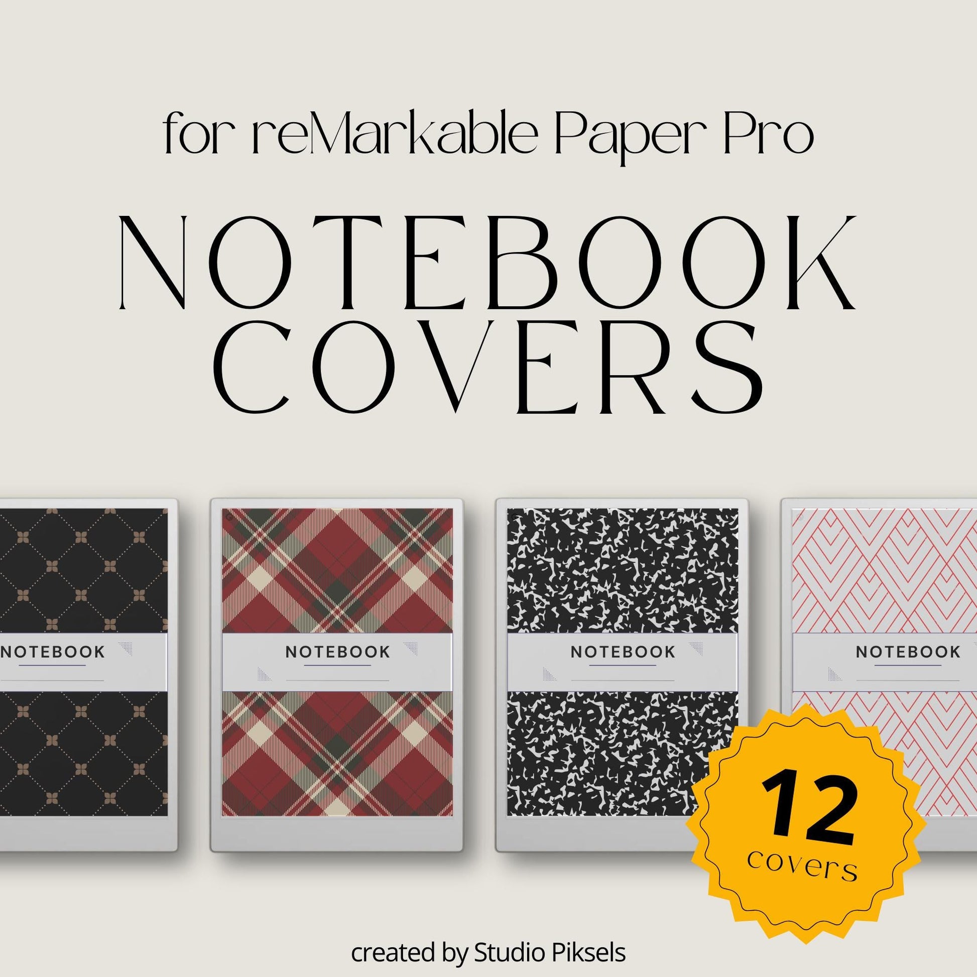 Patterned notebook cover bundle for the reMarkable Paper Pro featuring 12 geometric, plaid, and damask digital covers, minimalist designs, and library organization styles.