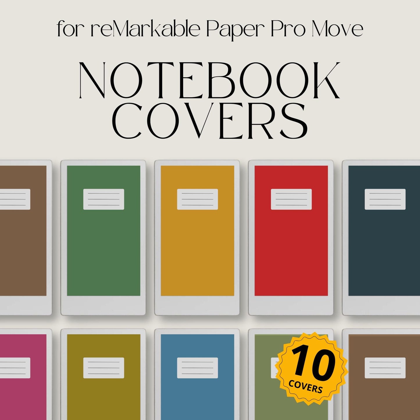 Classic notebook cover bundle for the reMarkable Paper Pro Move featuring 10 solid-color digital covers, minimalist planner aesthetics, and file organization layouts.