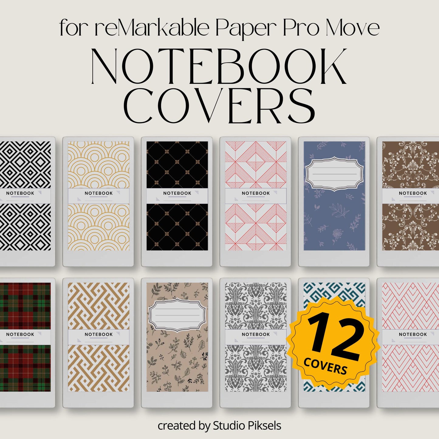 Patterned notebook cover bundle for the reMarkable Paper Pro Move featuring 12 geometric digital covers, minimalist design patterns, and library organization styles.