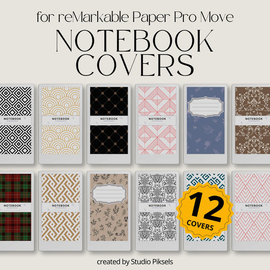 Patterned notebook cover bundle for the reMarkable Paper Pro Move featuring 12 geometric digital covers, minimalist design patterns, and library organization styles.