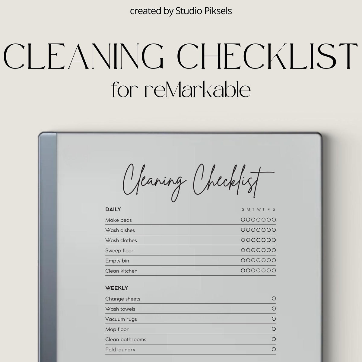 Cleaning Checklist for reMarkable featuring a minimalist digital PDF layout with one-page cleaning task list, extra notes sheet, household reminders, chore tracking sections, and simple home organization format.