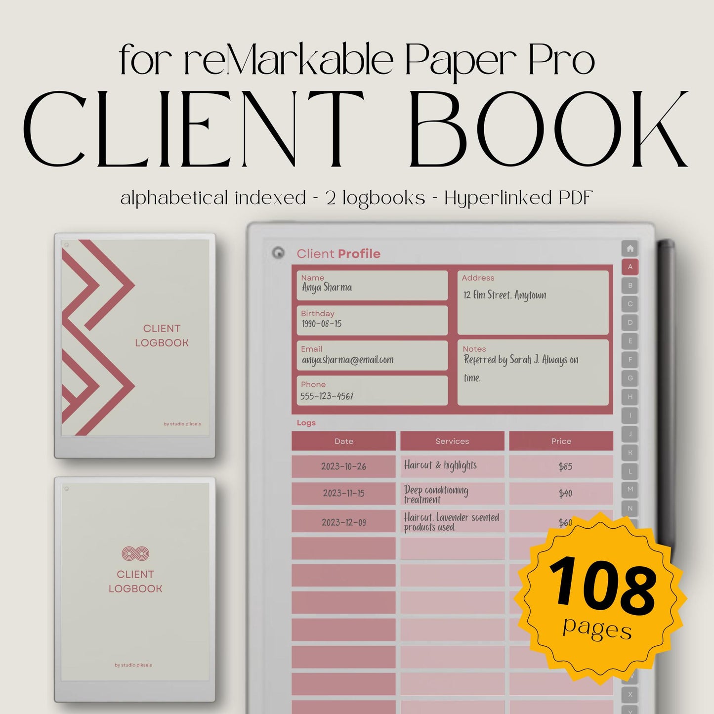 Client Record Book Bundle for reMarkable Paper Pro – A–Z Hyperlinked Client Logbook PDF (2 Notebooks).