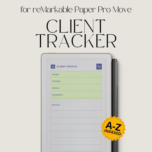 Client Tracker for reMarkable Paper Pro Move with A-Z index.