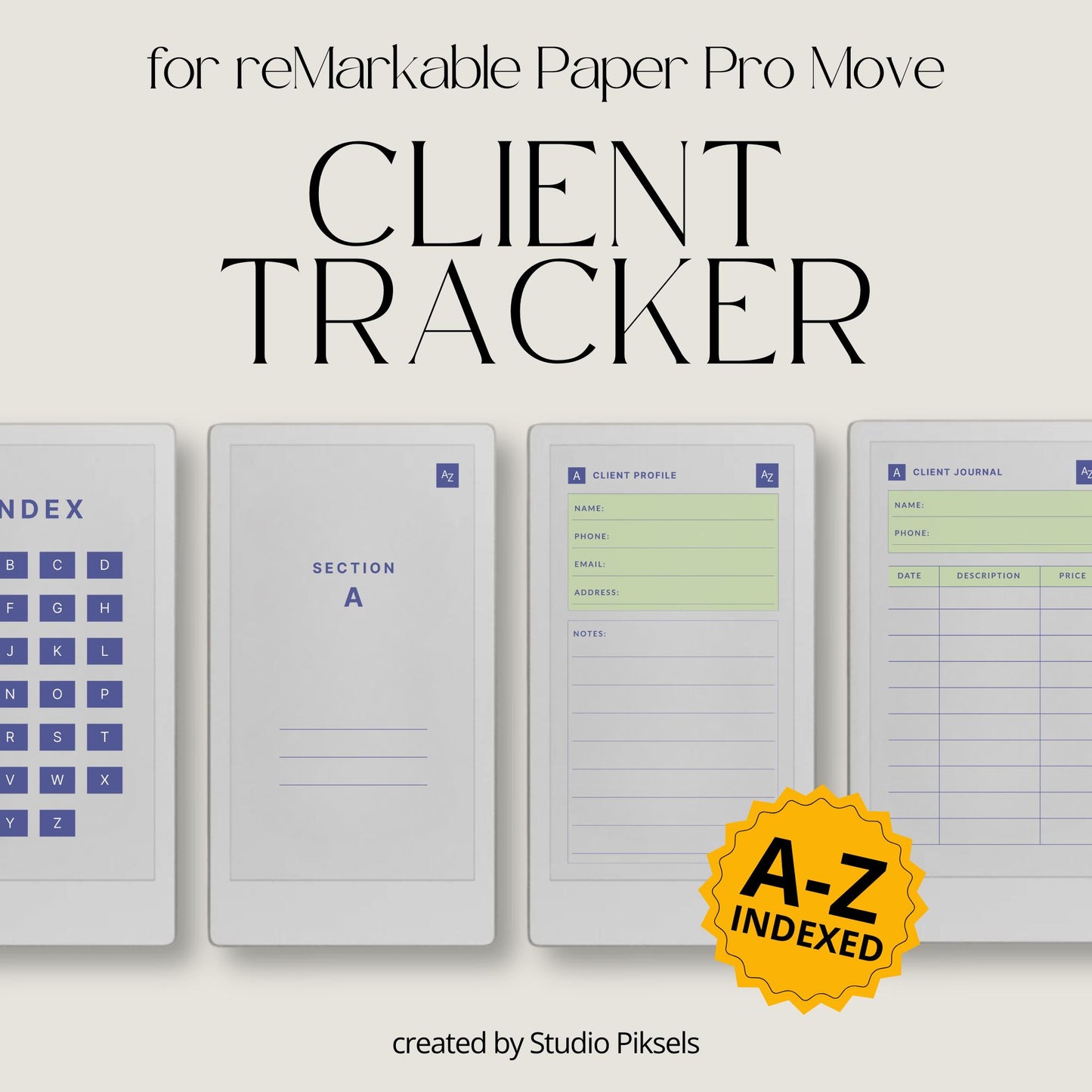 Client Tracker for reMarkable Paper Pro Move with A-Z index.