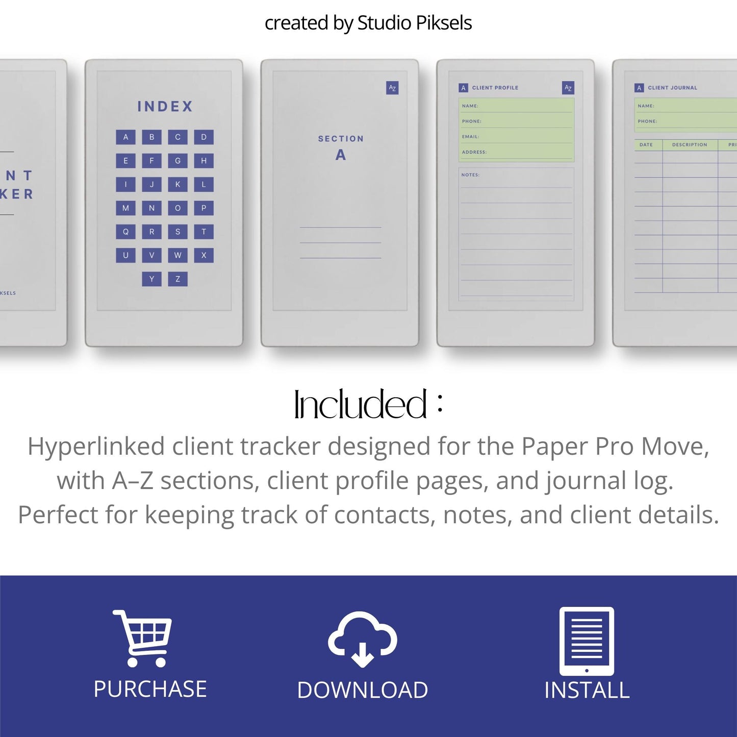 Client Tracker for reMarkable Paper Pro Move with A-Z index.