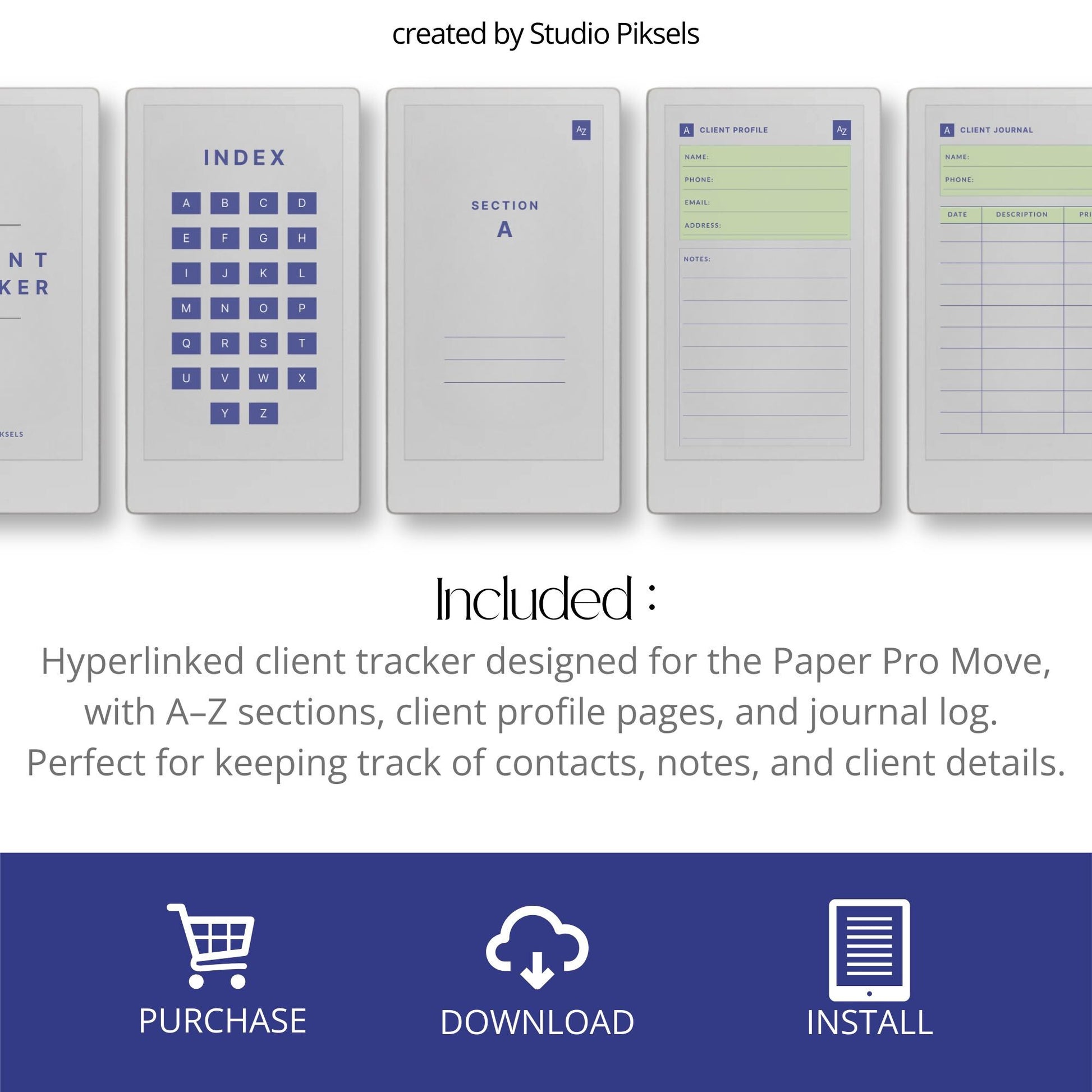 Client Tracker for reMarkable Paper Pro Move with A-Z index.