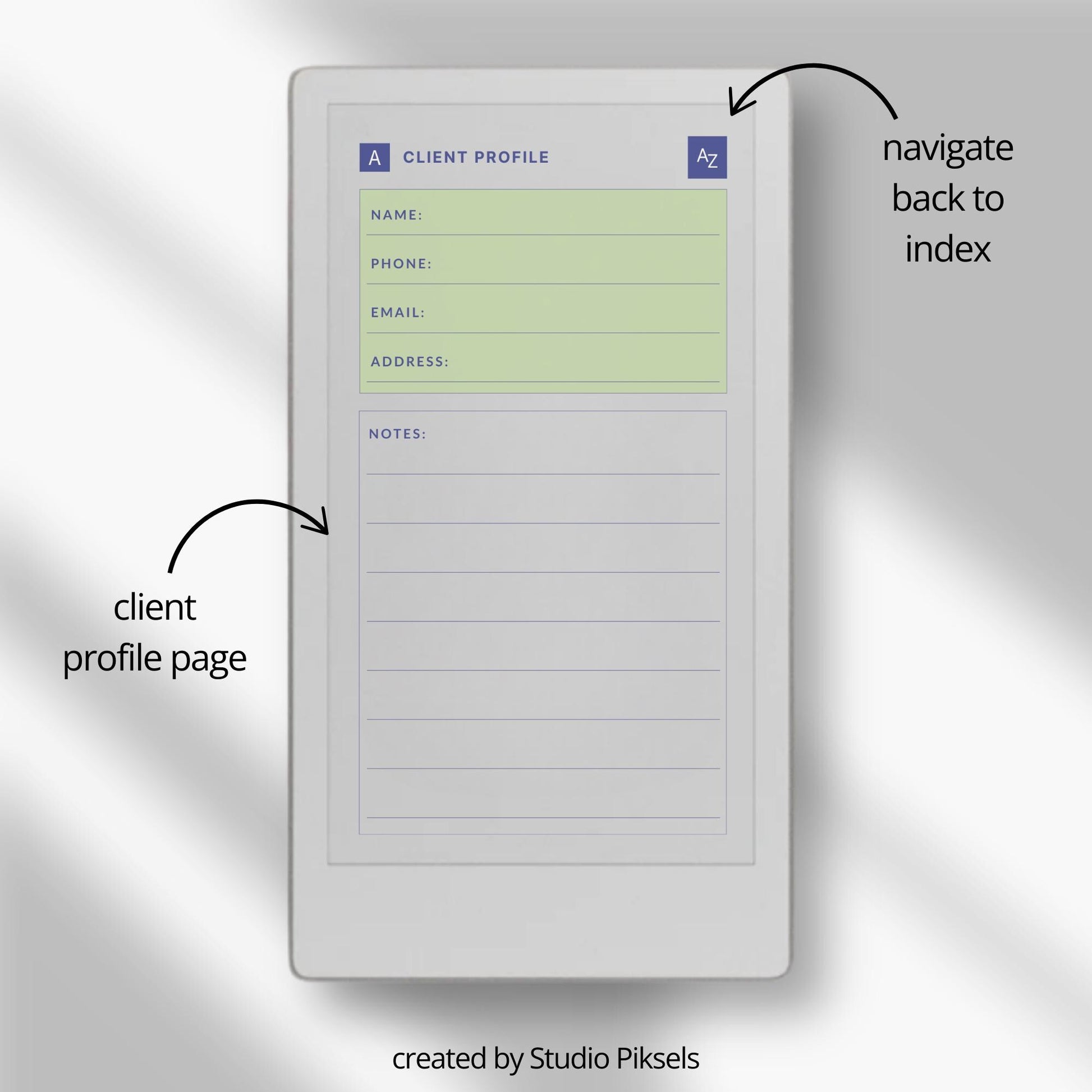 Client Tracker for reMarkable Paper Pro Move with A-Z index.