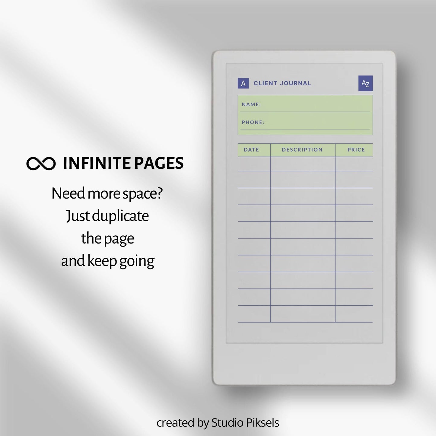 Client Tracker for reMarkable Paper Pro Move with A-Z index.