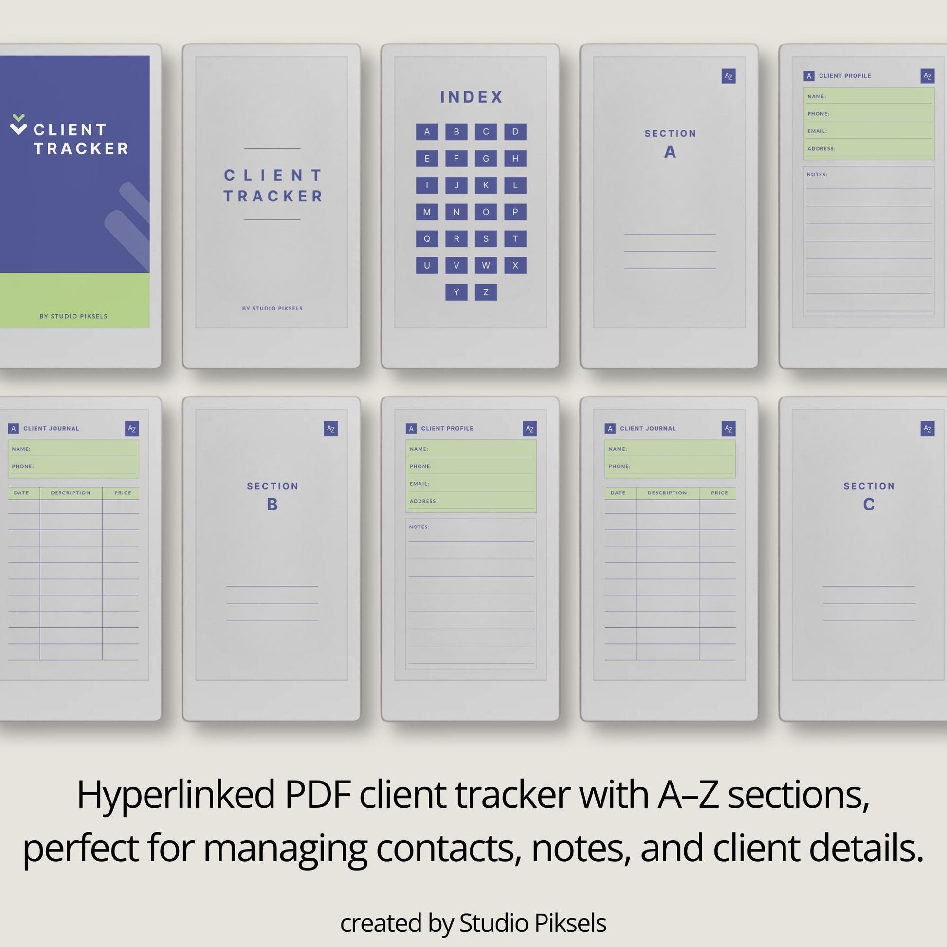 Client Tracker for reMarkable Paper Pro Move with A-Z index.