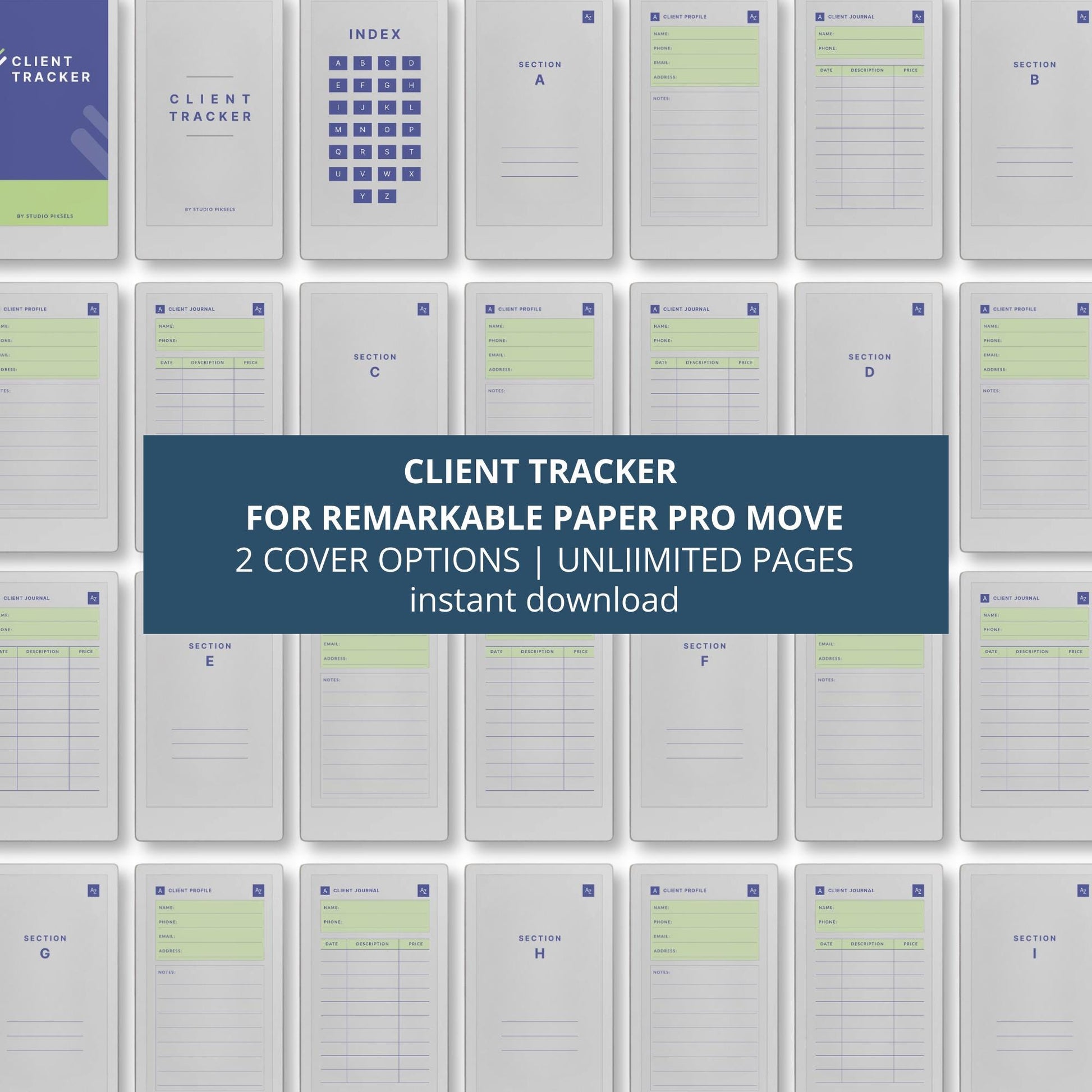 Client Tracker for reMarkable Paper Pro Move with A-Z index.