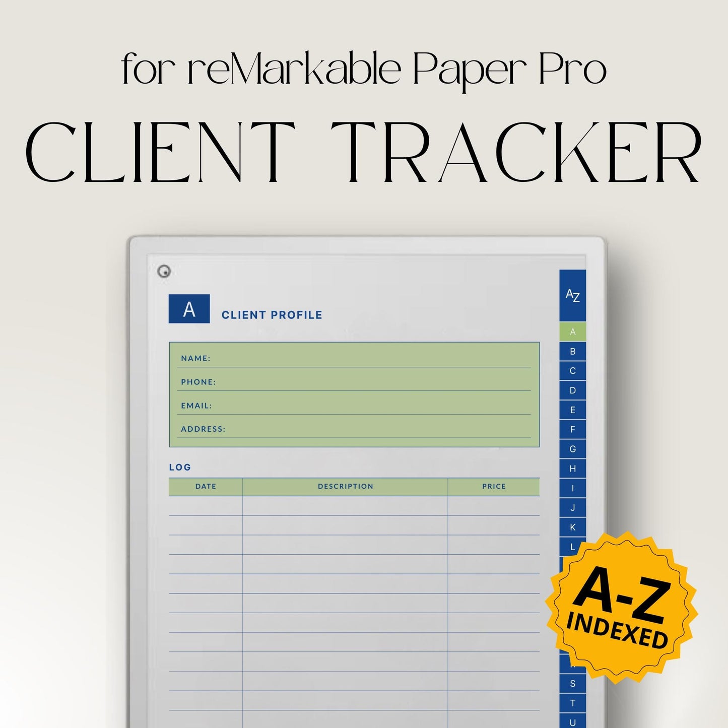 Client trackers for reMarkable Paper Pro with A to Z index, blue design covers, and reusable digital client profile template.