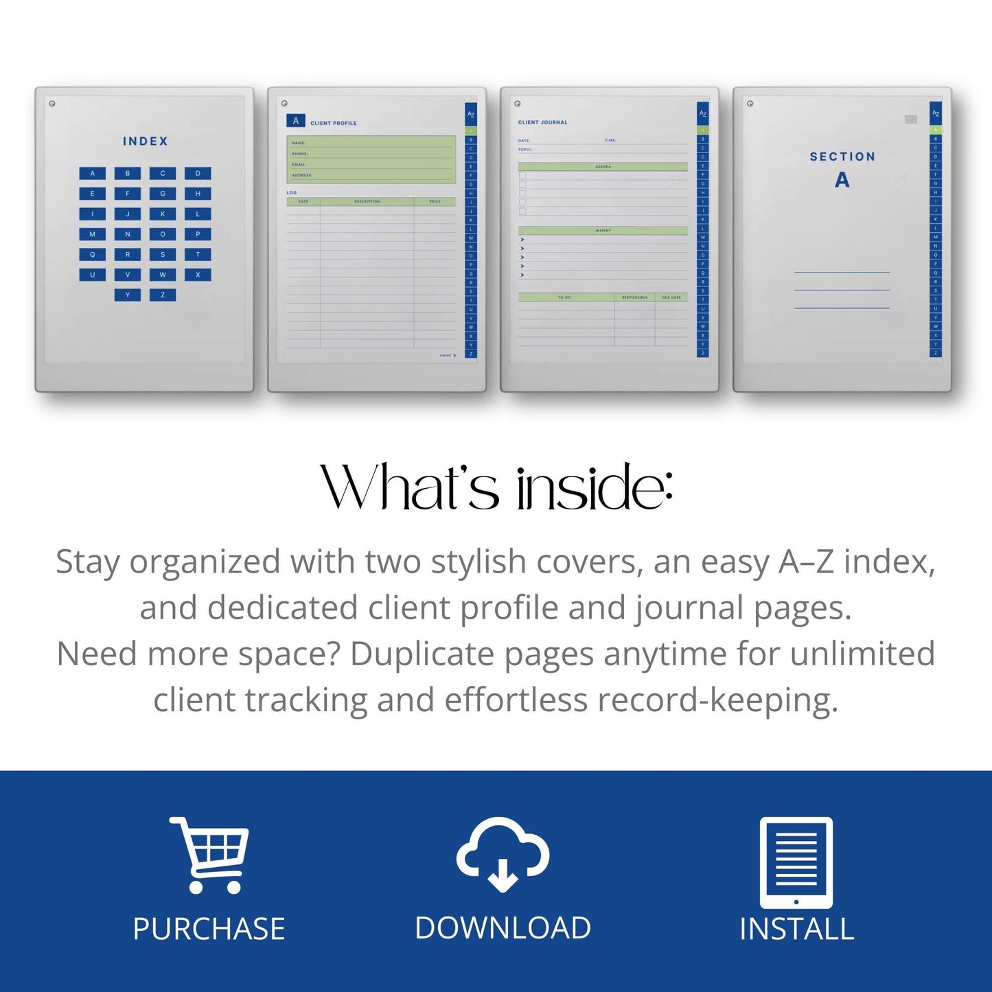 Client trackers for reMarkable Paper Pro with A to Z index, blue design covers, and reusable digital client profile template.