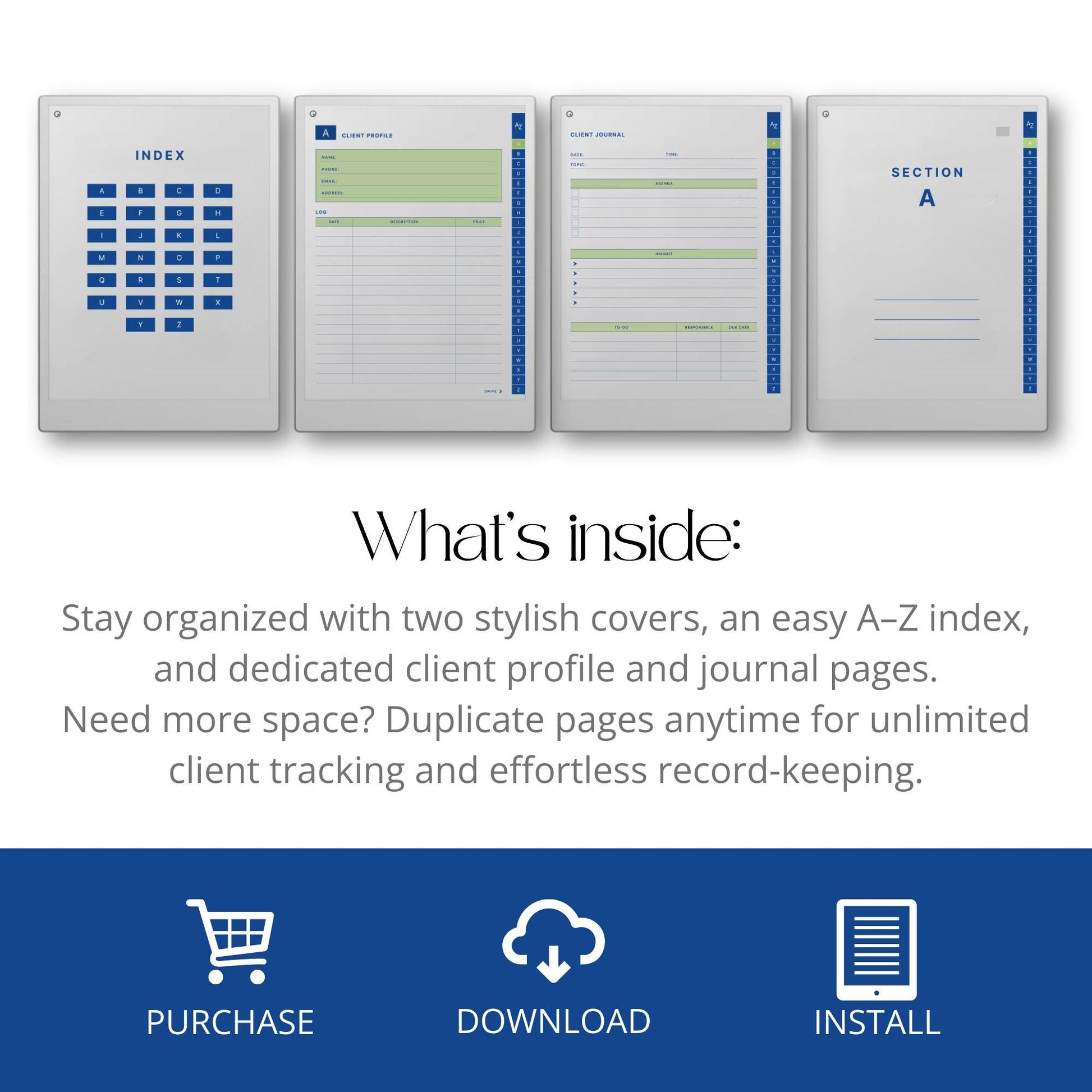 Client trackers for reMarkable Paper Pro with A to Z index, blue design covers, and reusable digital client profile template.