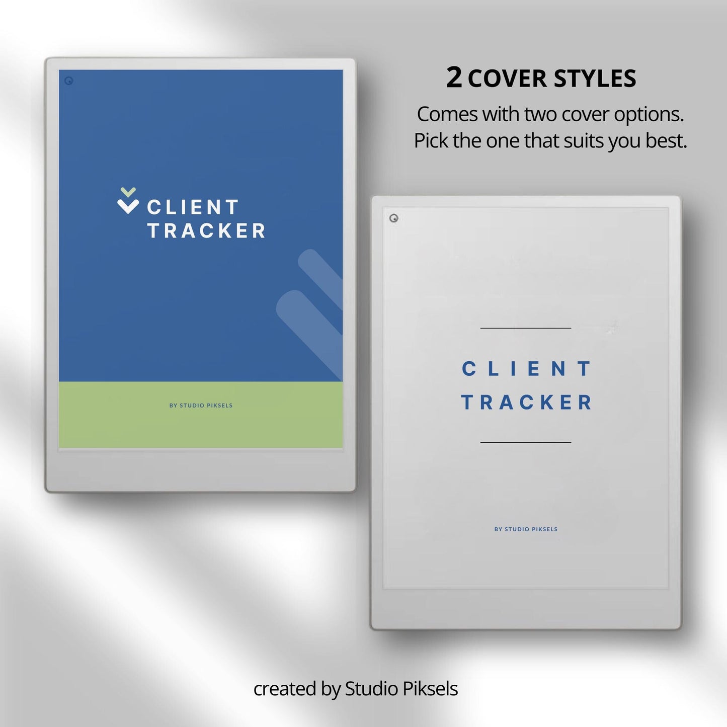 Client trackers for reMarkable Paper Pro with A to Z index, blue design covers, and reusable digital client profile template.
