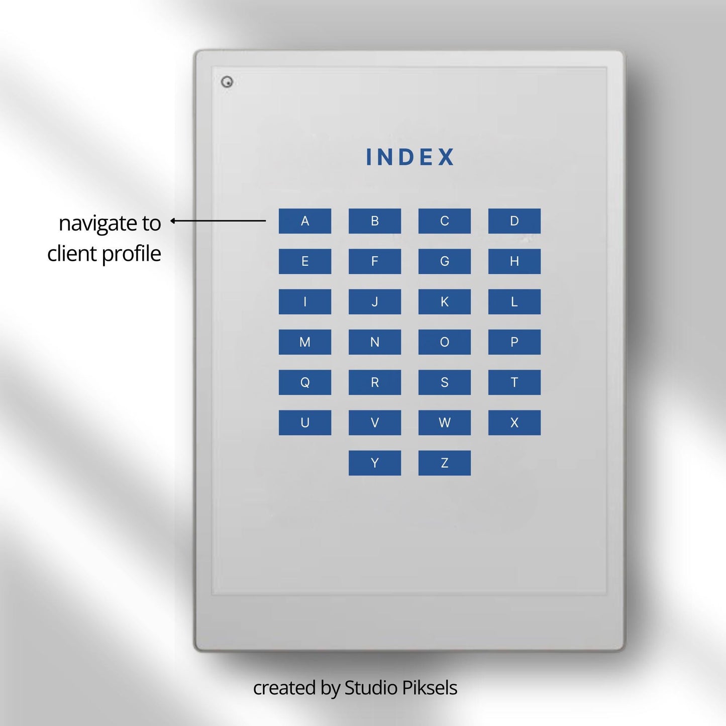 Client trackers for reMarkable Paper Pro with A to Z index, blue design covers, and reusable digital client profile template.