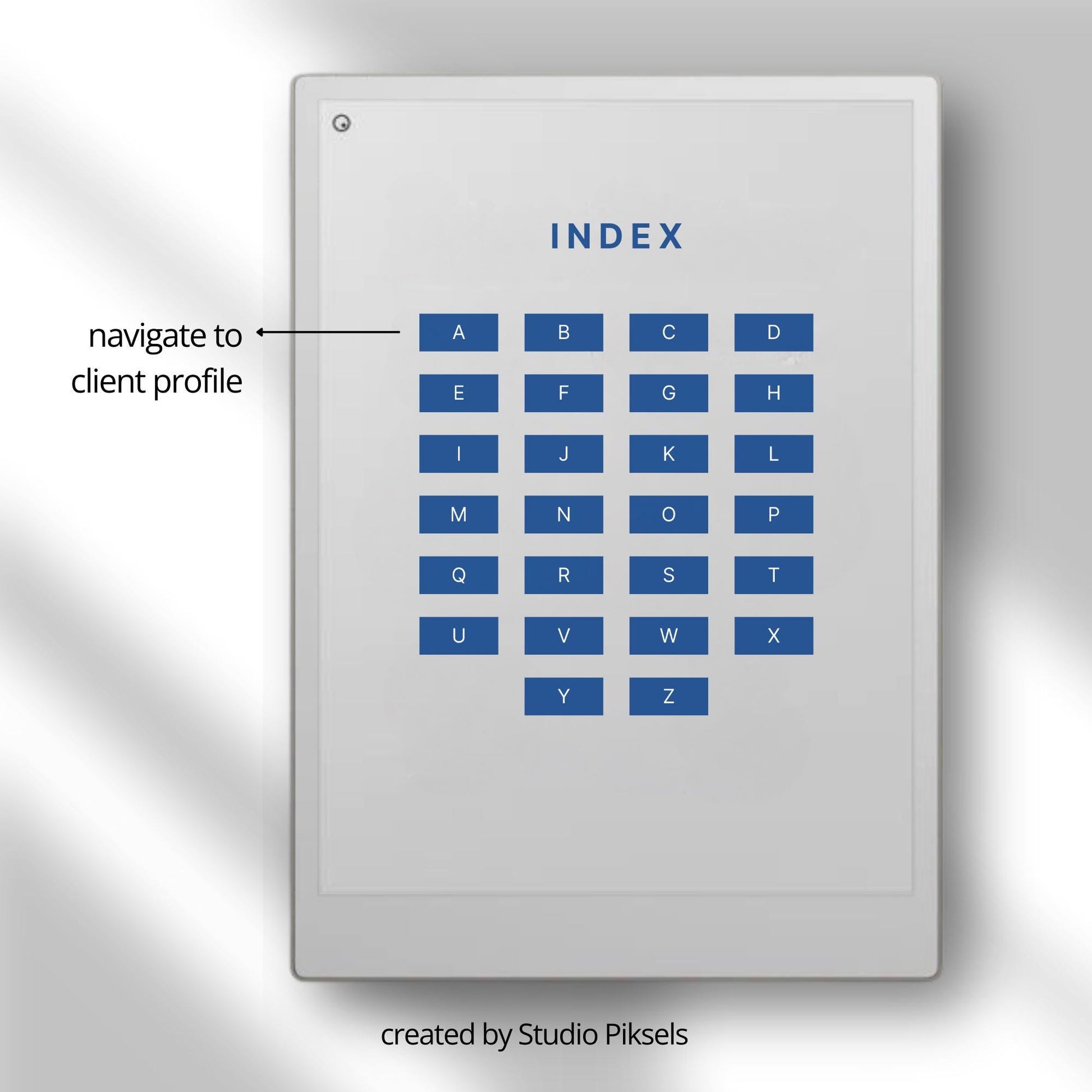 Client trackers for reMarkable Paper Pro with A to Z index, blue design covers, and reusable digital client profile template.