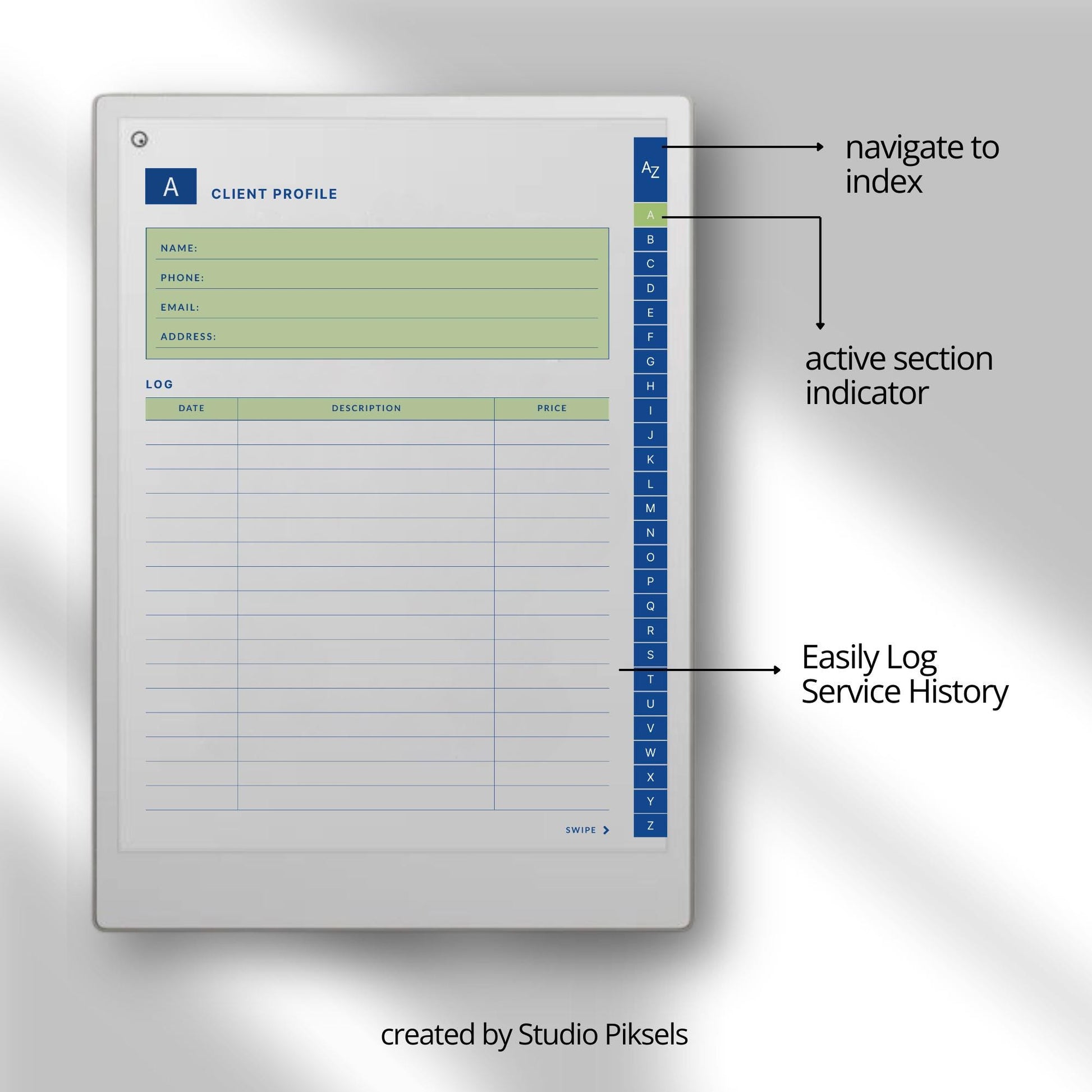 Client trackers for reMarkable Paper Pro with A to Z index, blue design covers, and reusable digital client profile template.