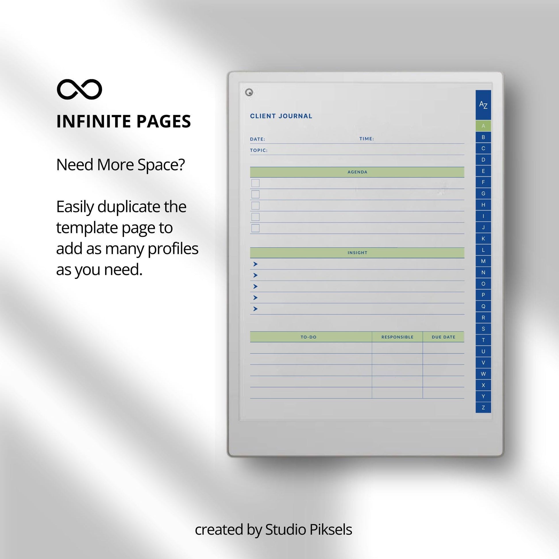 Client trackers for reMarkable Paper Pro with A to Z index, blue design covers, and reusable digital client profile template.