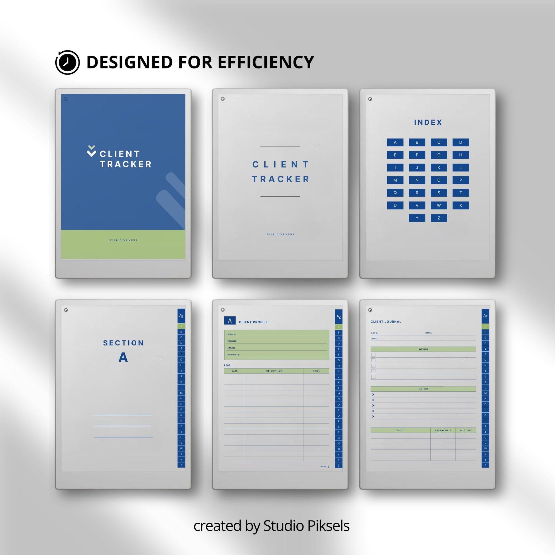 Client trackers for reMarkable Paper Pro with A to Z index, blue design covers, and reusable digital client profile template.