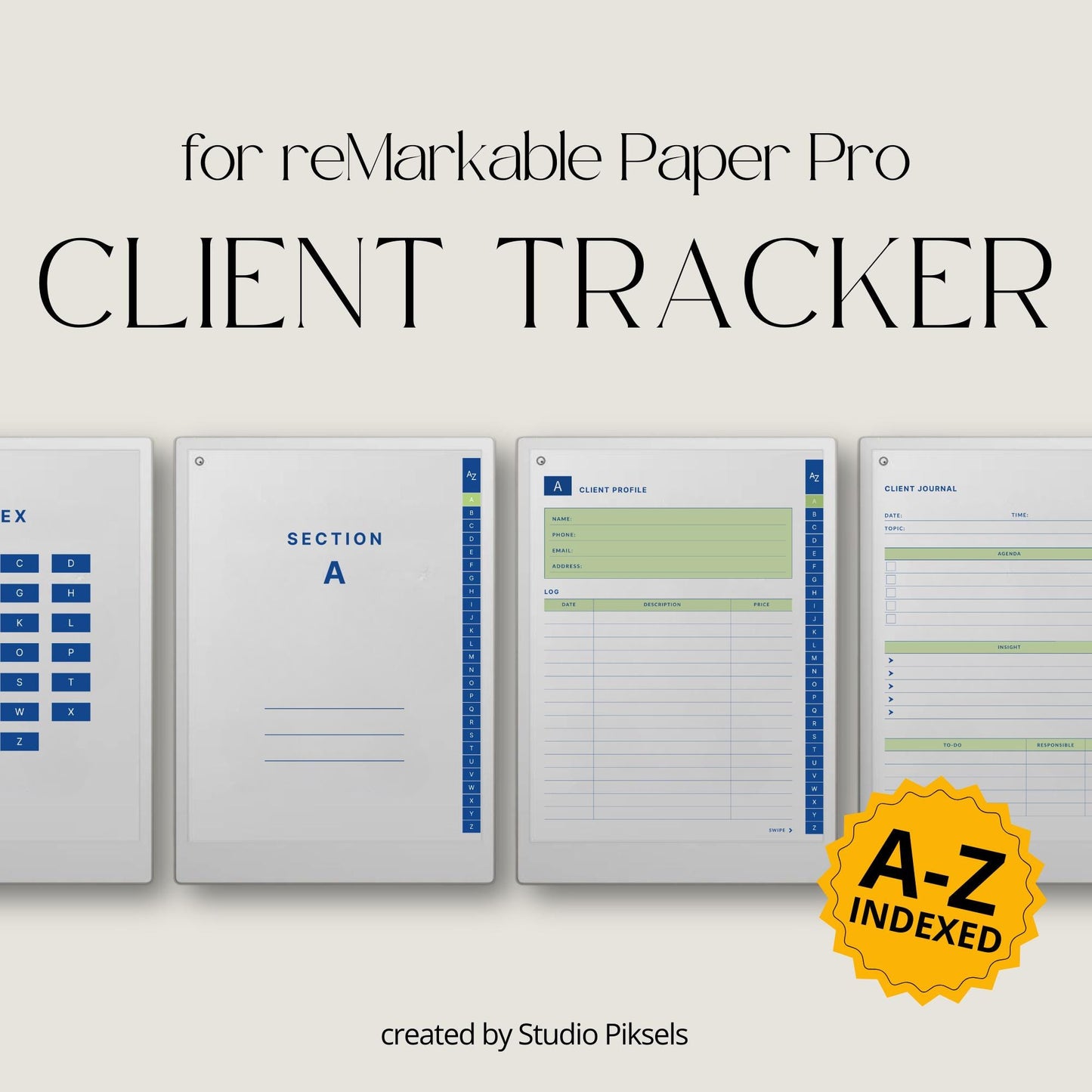 Client trackers for reMarkable Paper Pro with A to Z index, blue design covers, and reusable digital client profile template.