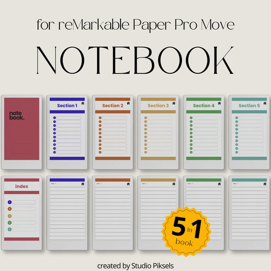 Hyperlinked 5-in-1 notebook for reMarkable Paper Pro Move with color sections.