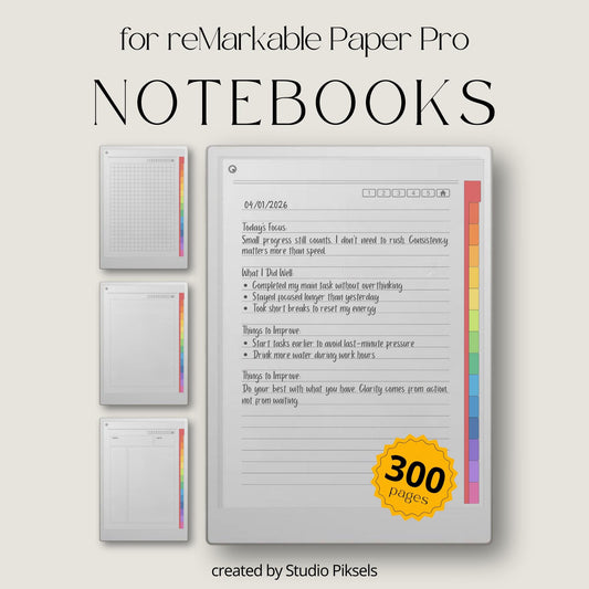 Notebooks for reMarkable Paper Pro with color-tab navigation and lined, grid, blank, and Cornell pages.