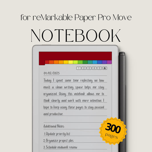 Color tab notebook for reMarkable Paper Pro Move with hyperlinked color coded sections.