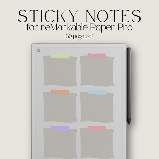 Colorful sticky notes template for reMarkable Paper Pro featuring reusable digital note pages with playful tape-style layouts for reminders, planning, brainstorming, journaling, and daily organization on E Ink devices.