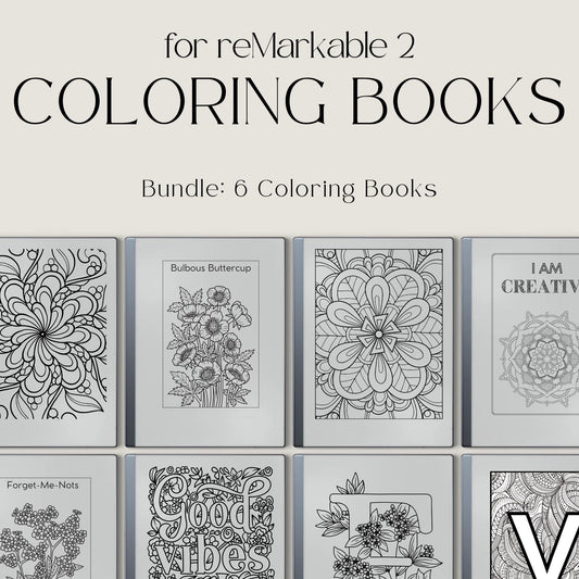 Coloring Book Bundle for reMarkable 2 and reMarkable Paper Pure with 224 digital coloring pages featuring mandalas, flowers, gratitude designs, and floral alphabets.