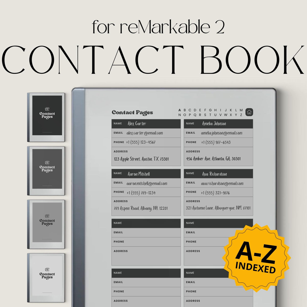 Digital contact book bundle for reMarkable Paper Pure and reMarkable 2 with hyperlinked A-Z sections and organized contact layouts