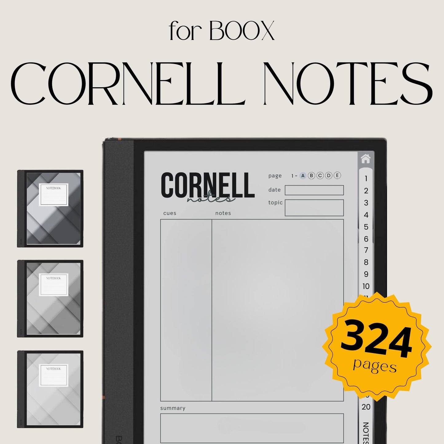 Cornell Notebook Bundle for BOOX with hyperlinked Cornell note pages, grayscale layouts, and digital study notebooks.