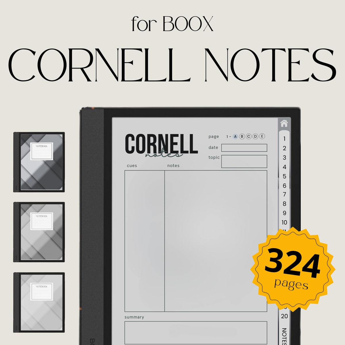 Cornell Notebook Bundle for BOOX with hyperlinked Cornell note pages, grayscale layouts, and digital study notebooks.