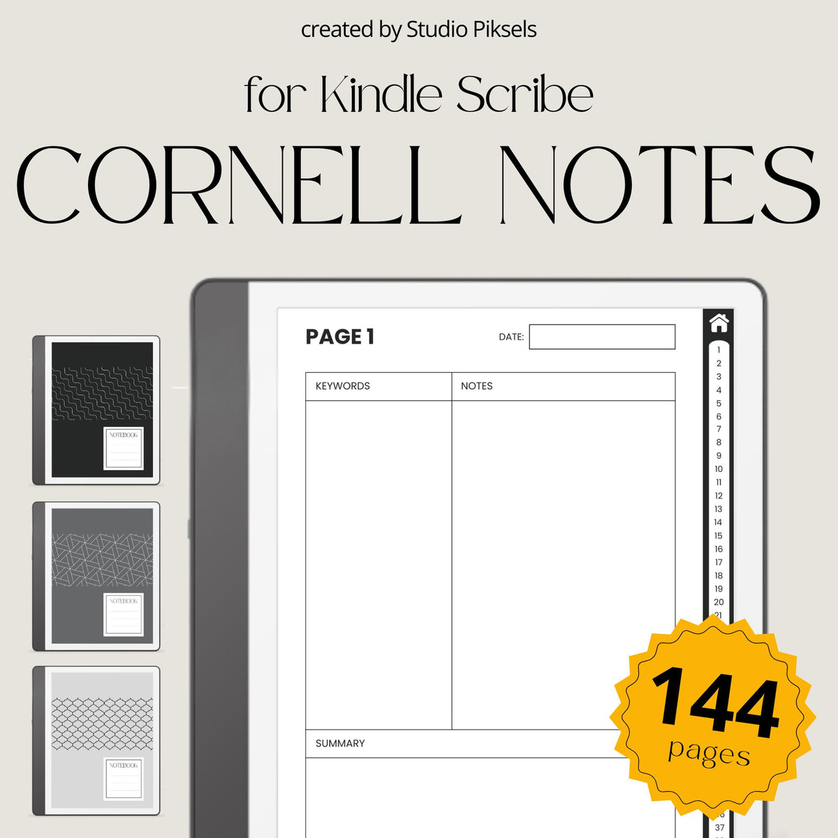 Cornell Notebook Bundle for Kindle Scribe with hyperlinked study notebooks, Cornell note-taking pages, and minimalist digital layouts.