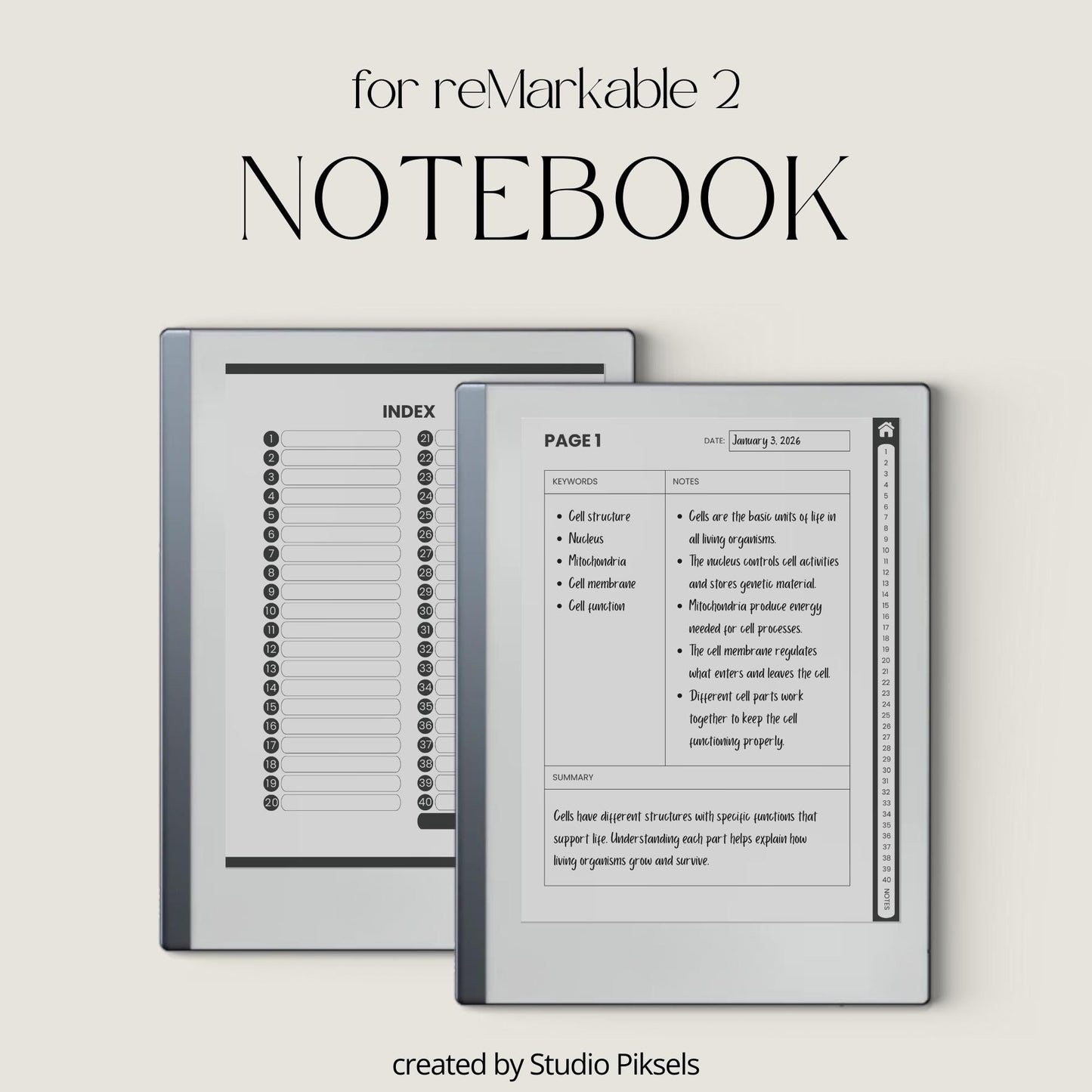 Cornell Notebook Bundle for reMarkable featuring hyperlinked digital notebooks with Cornell note-taking templates, lined notes pages, and organized navigation tabs.