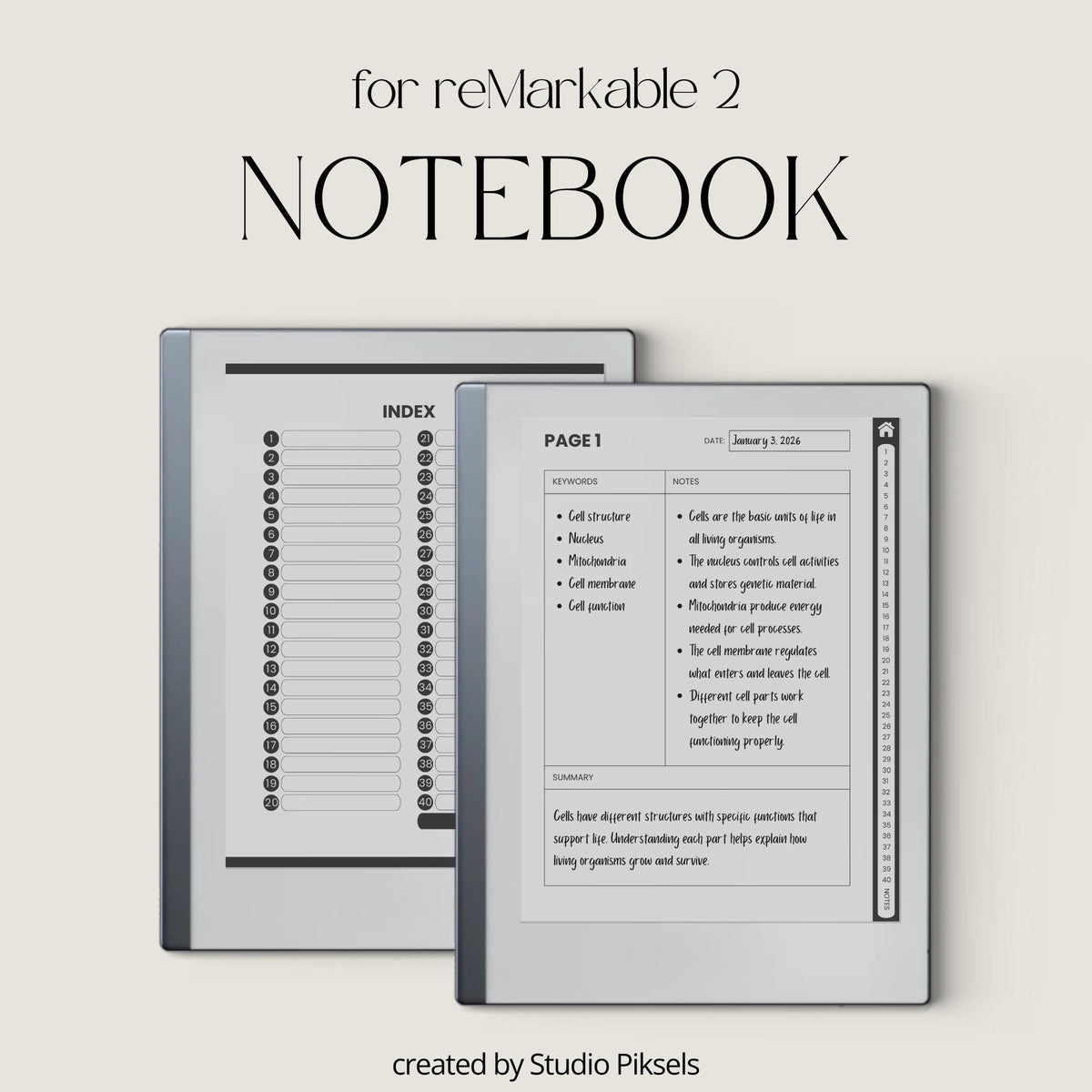 Cornell Notebook Bundle for reMarkable featuring hyperlinked digital notebooks with Cornell note-taking templates, lined notes pages, and organized navigation tabs.
